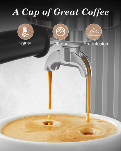 Espresso Machines 20 Bar with LED Touchscreen, Adjustable Temperature(185~203°F) Timing(25~60s), Compact Stainless Steel Coffee Maker with Milk Frother Steam Wand for Home Cappuccino & Latte Maker