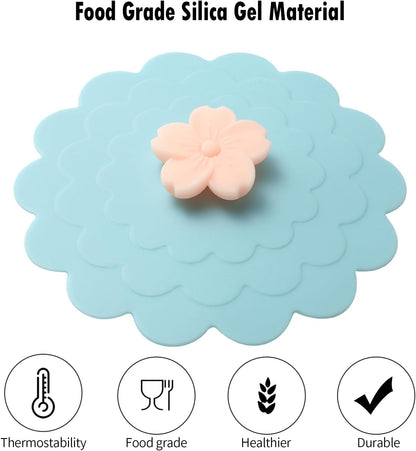 Peach blossom Silicone Cup Covers (Set of 3) ， Multicolored Silicone Lids for Mugs, Cups, Tea Pots,Flexible Mug Covers，Hot Cup Lids for Coffee & Tea