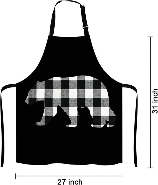Black and White Buffalo Plaids Bear Apron Home Kitchen Waterproof Cooking Baking Gardening for Women Men