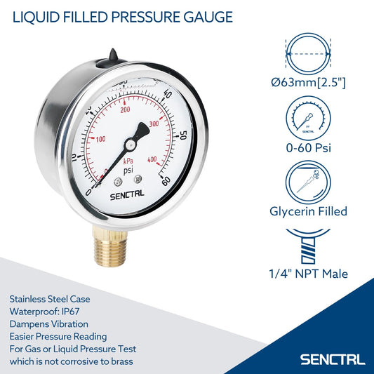 SENCTRL 60 Psi Glycerin Liquid Filled Low Pressure Gauge, 2.5" Dial Size, 1/4" NPT Lower Mount, Stainless Steel Case, Pool Sand Filter Water Pump Tire Water Oil Air Pressure Test