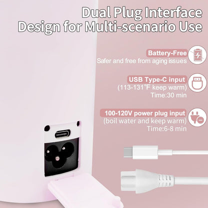 Travel Kettle Portable Electric Kettle with Plug-in Boiling & Keeps Warm via USB, Portable Water Boiler with 4 Temperature Settings, 304 Stainless Steel with Auto Shut-off 16oz(Pink)
