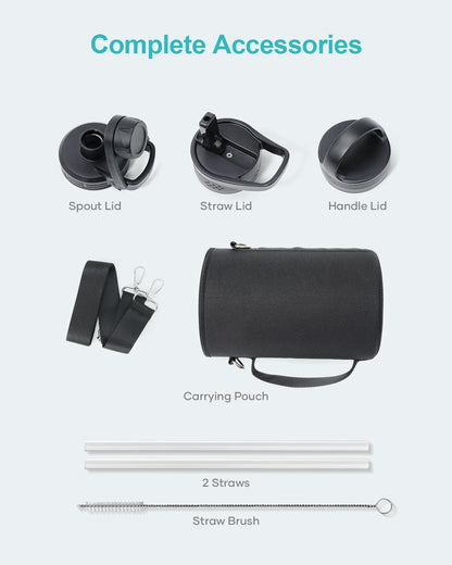 BUZIO 64 oz Water Bottle Insulated with Straw & 3 lid and Carrying Pouch, Leak Proof Half Gallon Stainless Steel Water Flask Jug, Cold for 48 Hrs Double Vacuum Thermo Canteen, BPA-Free, Blue