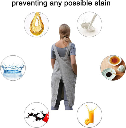 ZQFFB Pinafore Cross Back Apron for Women with Pockets Japanese Smock for Work Gardening Cooking Painting Baking