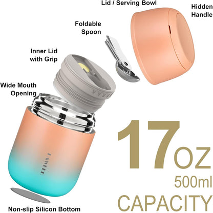 Insulated Food Container 17 oz Soup Thermo for Hot Food Adults, Stainless Steel Vacuum Lunch Box with Folding Spoon, Adult Kids Thermo Portable with Handle for School, Office, Outdoor