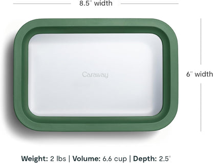 Caraway Glass Food Storage - 6.6 Cup Glass Container - Ceramic Coated Food Container - Non Toxic, Non Stick Lunch Box Container with Glass Lids - Dishwasher, Oven, & Microwave Safe - Sage