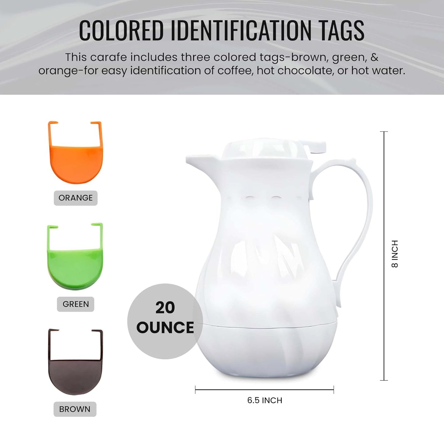 OCS Parts Easy Pour Thermal Coffee Carafe | 8-Inch Insulated Hot and Cold Beverage Pitcher Server for Coffee, Tea, Hot Chocolate and Water with Colored Tags for Easy Idenfication | 20-Ounce | White