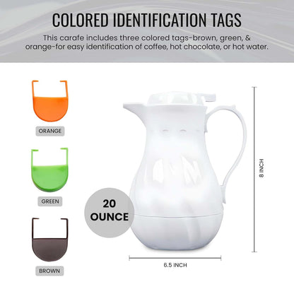OCS Parts Easy Pour Thermal Coffee Carafe | 8-Inch Insulated Hot and Cold Beverage Pitcher Server for Coffee, Tea, Hot Chocolate and Water with Colored Tags for Easy Idenfication | 20-Ounce | White
