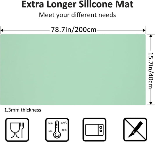 Silicone Mats for Kitchen Counter, Nonslip Silicone Mats for Crafts Countertop Protector Heat Resistant Mat (Light Green, 78.7"L x 15.7"W)