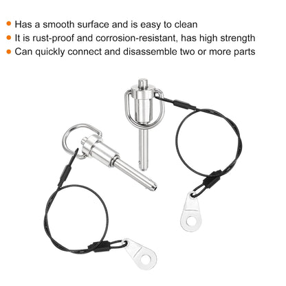 uxcell 2 Pcs Quick Release Pin, 1/4" x 0.8" Silver Stainless Steel Ball Locking Pin with Wire for Audio Bimini Top Marine