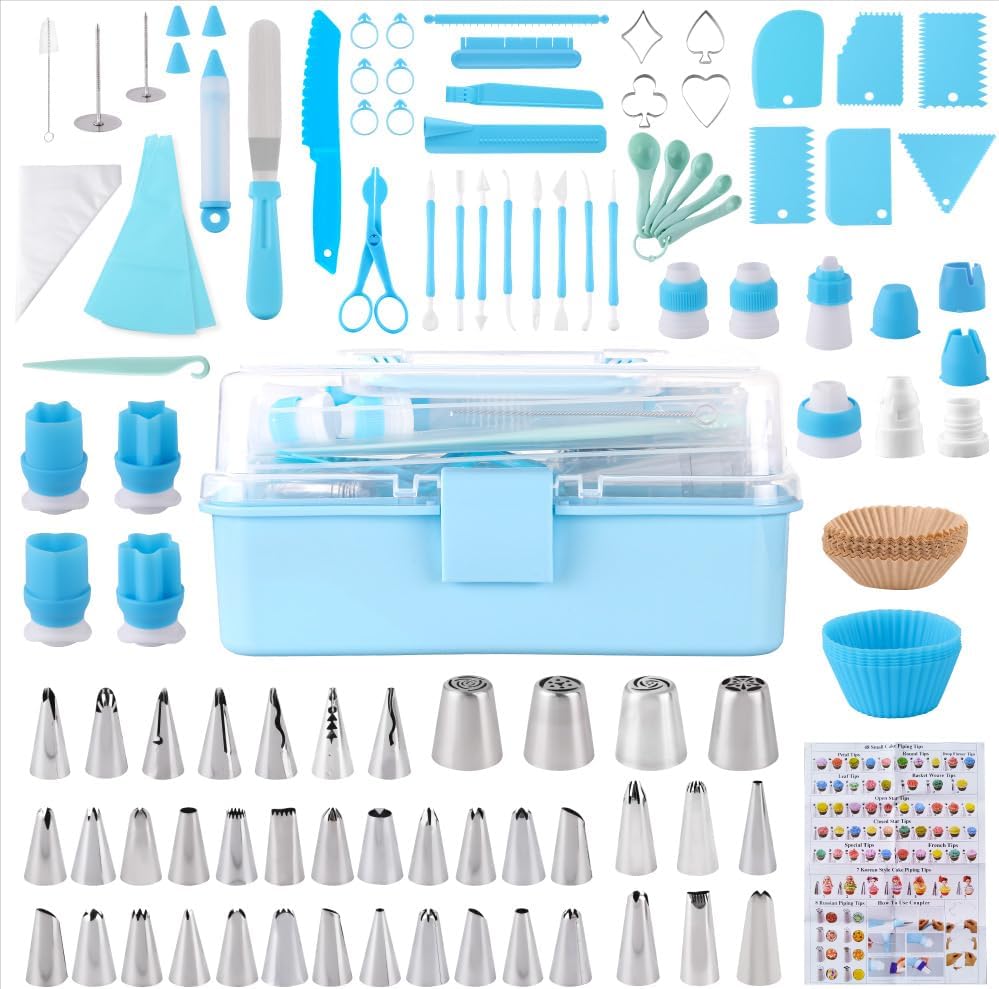 Cake Decorating Kit: Decorating Supplies Tools Kit 208 PCS Baking Accessories Include Spiping Bags and Tips Set, Piping Tips Set, Spatulas, Cake Scraper, 50 Piping Bags, Blue