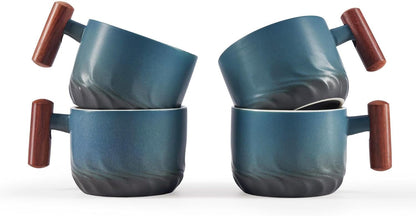 6oz Ceramic Espresso Cups with Wooden Handle, Small Coffee Cups for Latte Cappuccino, Tea Cups Set of 4