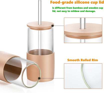 Sunseeke Glass Tumbler with Straw and Lid, 16oz Ice Coffee Cup, Silicone Sleeve Cleaning Brushes, Drinking Glasses for Water, Iced Coffee, Smoothie -BPA Free -3Pack