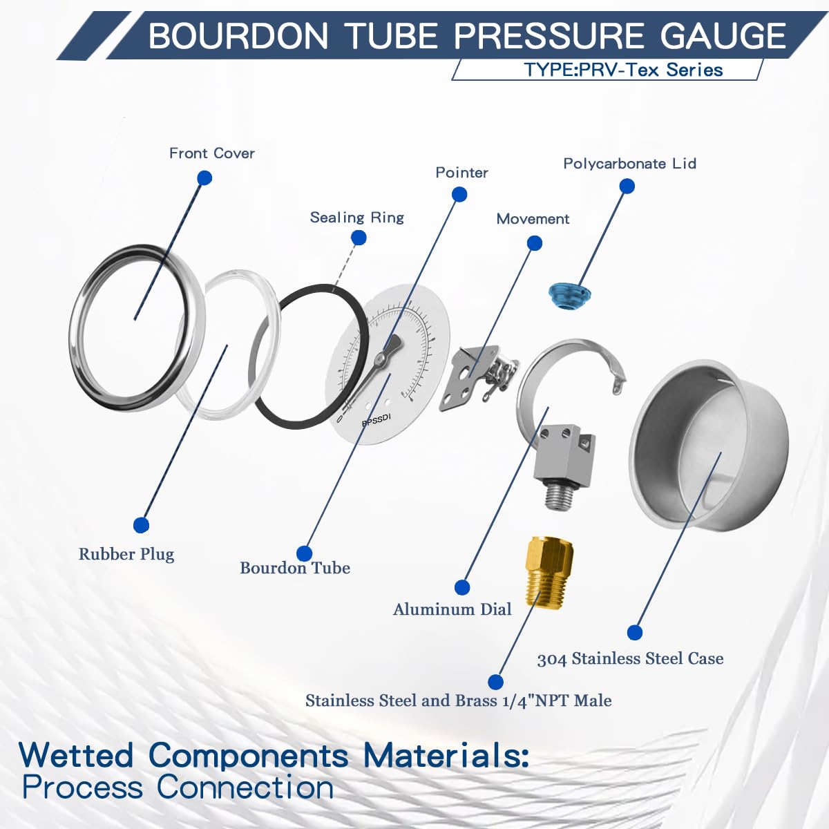 30inHg Vacuum Pressure Gauge, Water Pressure Gauge, 2.5" Dial Size, 1/8" NPT Lower Mount, 304 Stainless Steel Case, for Pneumatic Air Compressor RV Regulator Valve Test(with Tape)