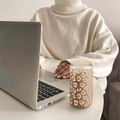 SANDJEST Leopard Glass Can, Beige Leopard Print Cup with Lid & Straw, Iced Coffee Aesthetic Cups, Gift for Christmas Birthday Mother Day, Gifts for Women, 16oz