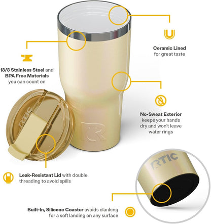 RTIC 30oz Essential Tumbler with Lid, Insulated, Stainless Steel, Metal, Double Wall Vacuum-Insulation, Ceramic Lined, Travel Cup for Iced Coffee, Tea, Hot and Cold Drink, Sunlight Glitter