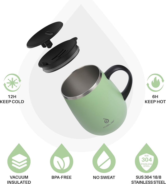 Ideus 16 oz Insulated Coffee Mug with Handle and Lid, Double Wall Stainless Steel Vacuum Thermal Coffee Mug, Travel Coffee Cup Thermal Cup for Home and Office, Avocado Green