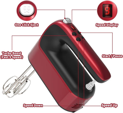 9-Speed Digital Hand Mixer Electric, 400W DC Motor, Hand Mixer electric Handheld with Snap-On Storage Case, Touch Button, Turbo Boost, 5x Stainless Steel Accessories (Red)