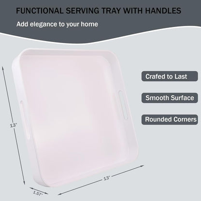 Square White Decorative Serving Tray with Handles, Versatile Ottoman Tray for Coffee Table, Entertaining, Outdoor Patio, Living Room, 13”*13”*1.6”