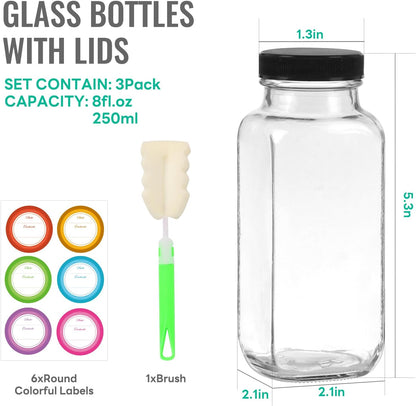8 oz Glass Juice Bottles with Lids 3 Pack,Reusable Glass Drink Bottles,250ml Water Drinking Jars for Milk,Juicing,Kombucha,Ginger,Beverage Glassware,Juice Drinking Jars