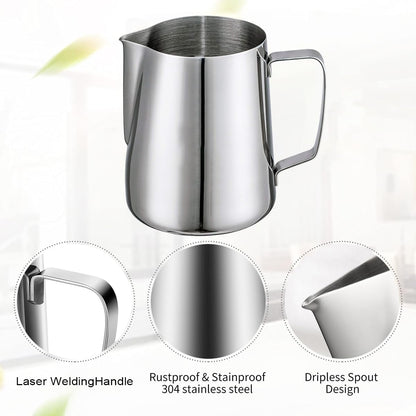 4Pieces Stainless Steel Milk Frothing Pitcher Set, Latte Art Barista Steaming Pitchers Set -Include Milk Frother Cup, Latte Art Pen, Powder Shaker, 5pcs Coffee Decorating Stencils (350ml/11oz)