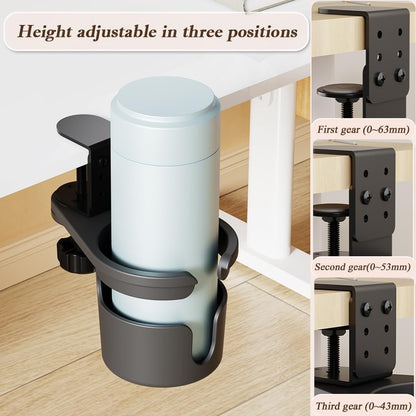 Desk Cup Holder 360° Rotating Under Table, Anti-Spill Cup Holder with Adjustable Clip, Hidden Water Bottle Stand Coffee Mug Storage for Home Office and School (Black)