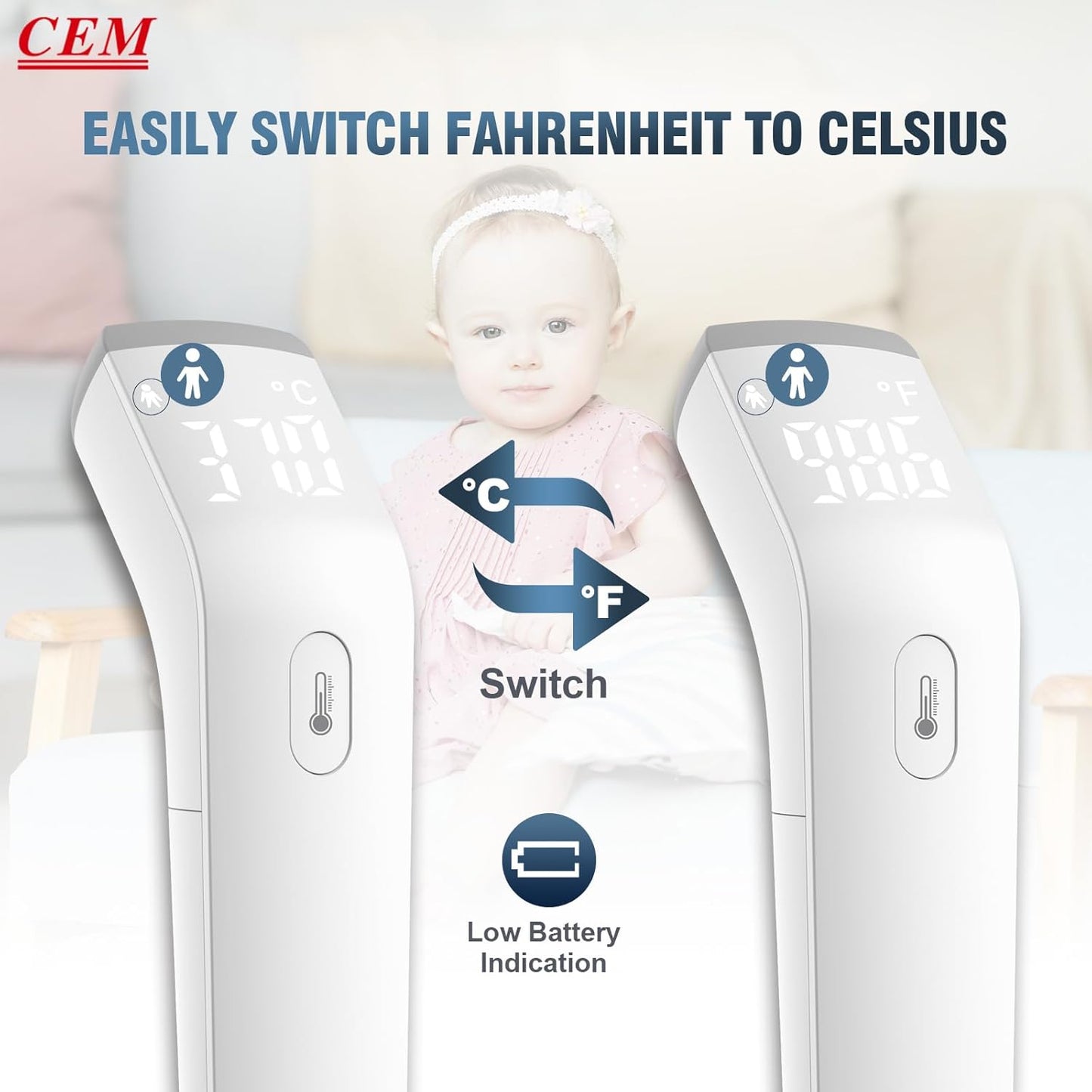 CEM DT-8807S FDA CE Digital Thermometer for Adults and Kids, No Touch Forehead Thermometer for Baby, 2 in 1 Body Surface Mode Infrared Temperature Gun with Fever Alarm and Instant Accuracy Readings