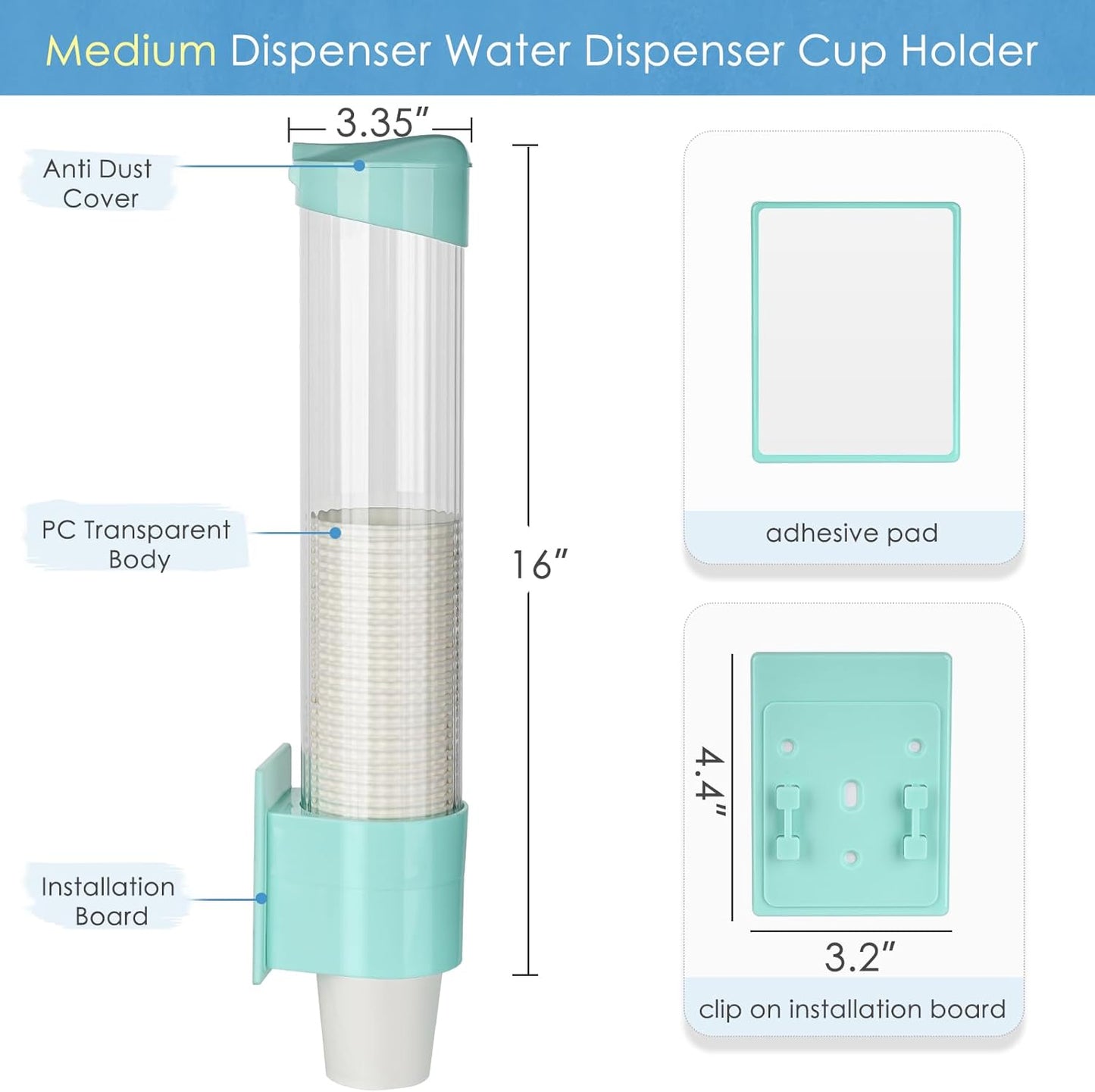 Medium Pull Type Cup Dispenser, Paste or Screw Plate Mountable Cups Holder, Fits 5oz - 7oz Cone or Flat Bottom Cups, 16” Tube Length, Mounting Water Dispenser Cooler or Wall (Medium, Green)