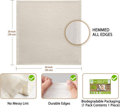Organic Cheese Cloths, GOTS Certified, Grade 100,20x20Inch Hemmed Cheese Cloth Reusable Muslin Cheesecloth for Straining, 100% Cotton Unbleached Fine Mesh Cloth Cheese Cloths for Cooking,Sushi,Juicing