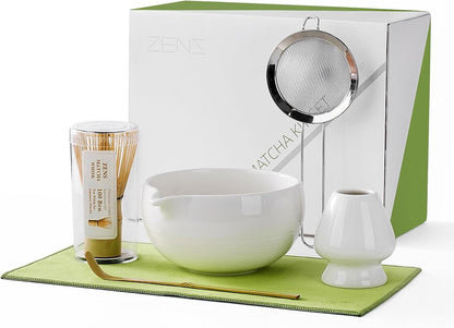 ZENS Matcha Whisk Set, 6pcs Matcha Kit Set Includes Ceramic Bowl and Bamboo Whisk & (Chasen Holder), Sifter, Scoop -Tea Towel, Japanese Chawan with Spout for Lovers, White