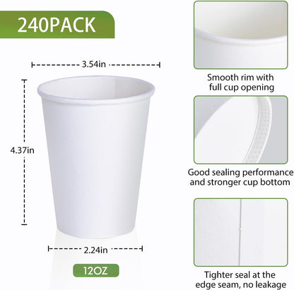 LITOPAK 240 Pack 12 oz Disposable Paper Coffee Cup, White Paper Hot Coffee Cups, Suitable for Party, Picnic, Travel, and Events