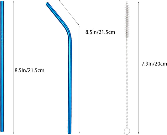 10 Pcs Stainless Steel Straws, Reusable Drinking Straws, 5 Straight + 5 Bent Metal Straws Set With 2 Pcs Cleaning Brushes (Blue, 8.5 Inch)