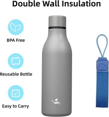 Insulated Water Bottle with Strap,18 oz Double Wall Stainless Steel Vacuum Bottles Metal Water Flask,Gray
