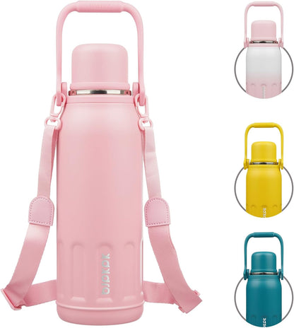 BJPKPK Insulated Water Bottle 50oz Stainless Steel Water Bottles Disherwahser Safe with Handle and Lid Travel Metal Thermos,Light Pink