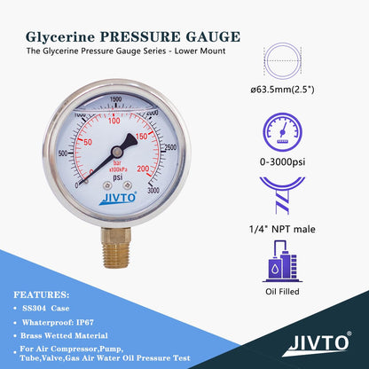 Pressure Gauge,Glycerin Liquid Filled,2.5" Dual Scale Dia,0-3000 psi/bar/kpa,1/4" NPT Male Brass Connection,Lower Mount, Stainless Steel Case,for Pneumatic,Pump,Hose,Well Tank,Gas Air Water Oil