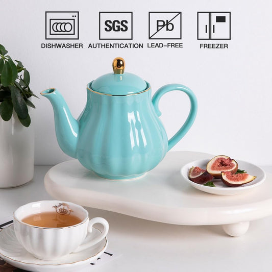 Sweejar Royal Teapot, Ceramic Tea Pot with Removable Stainless Steel Infuser, Blooming & Loose Leaf Teapot - 40 Ounce (Turquoise)