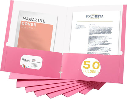 Zzrywuty File Folders with Pockets Letter Size, 50-Pack Paper Folders with Card Slot, Two Pocket Folders for School Students, Businessmen, Home and Office Workers（Pink）