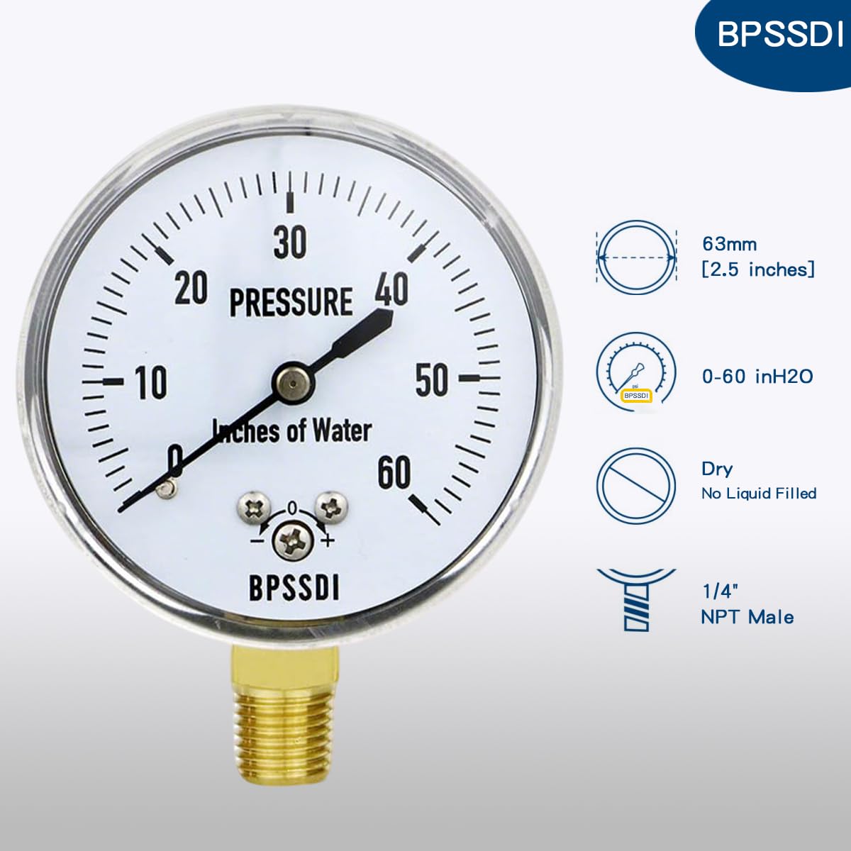 0-60 Inches of Water Column Gauge, Low Pressure Gauge, Capsule Gauge, 304 Stainless Steel Case, 2.5" Dial Size, 1/4" NPT Lower Mount, Zero Adjustment, for Air Water Gas Pressure Test