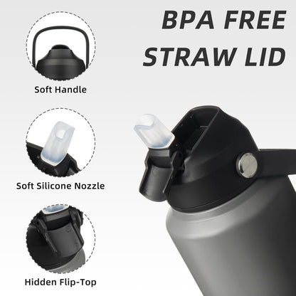 BJPKPK Water Bottle with Straw Lid, 32oz Vacuum Insulated Water Bottles, Metal Stainless Steel Thermos for Sports, Travel, BPA Free Leak Proof Thermos, Cups, Flasks, Tumblers,Black Grey
