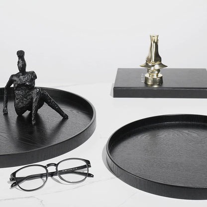 Round Solid Wood Serving Tray Extra Large Tea Coffee Snack Food Meals Serving Plate Non-Slip Kitchen Party Bar Server Ottoman Tray Breakfast Tray with Raised Edges (15inch/37.5cm) Black