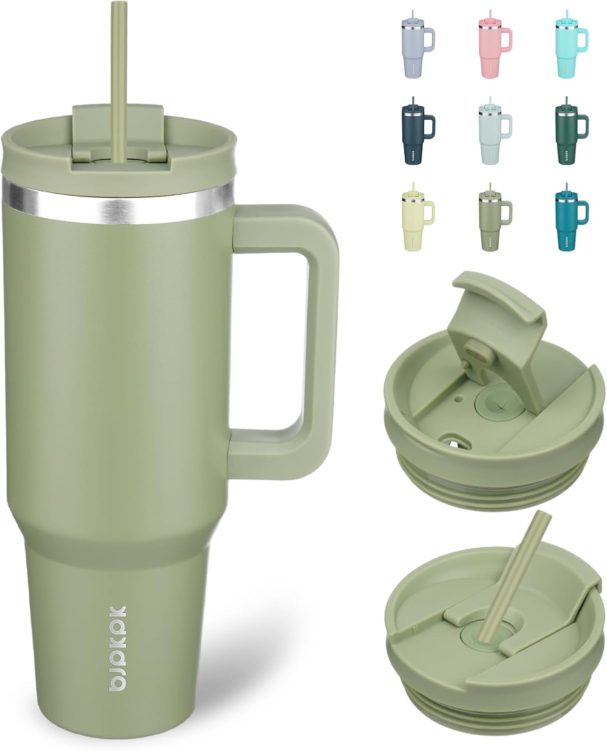 BJPKPK 40 oz Insulated Tumbler With Lid And Straw Stainless Steel Tumblers Cup With Handle For Women And Men,Sage