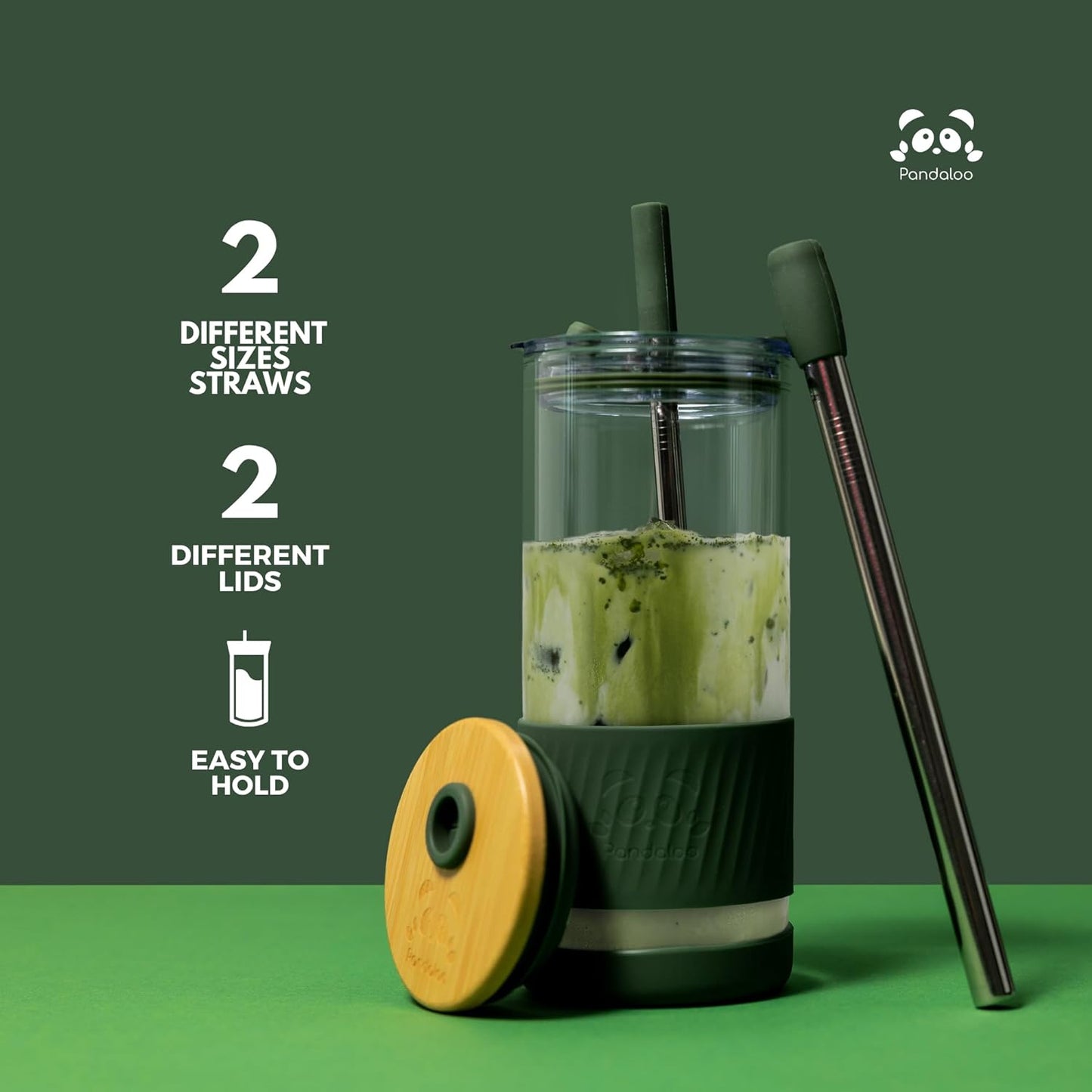 Pandaloo® Glass Cups With Lids and Straws -20 Fl Oz- Perfect Size Iced Coffee Cup - Smoothie Cup With Bamboo Lid and On the go Lid - Glass Tumbler (2 Count (Pack of 1), Intense Teal-Galactic Blue)