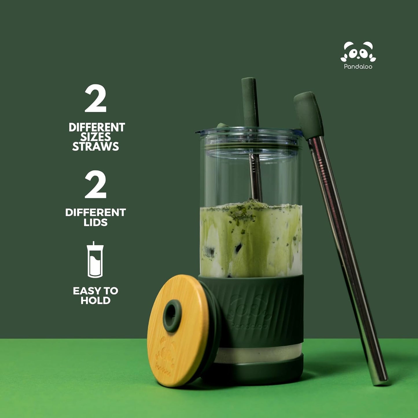 Pandaloo® Glass Cups With Lids and Straws -20 Fl Oz- Perfect Size Iced Coffee Cup - Smoothie Cup With Bamboo Lid and On the go Lid - Glass Tumbler With Straw (1 Count (Pack of 1), Vanilla Cream)