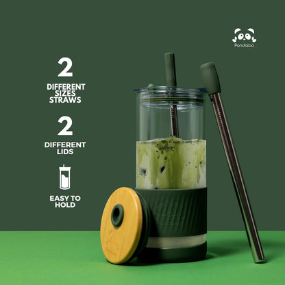 Pandaloo® Glass Cups With Lids and Straws -20 Fl Oz- Perfect Size Iced Coffee Cup - Smoothie Cup With Bamboo Lid and On the go Lid (Ethnic chic-Fabulous Fez, 1 Count (Pack of 1))