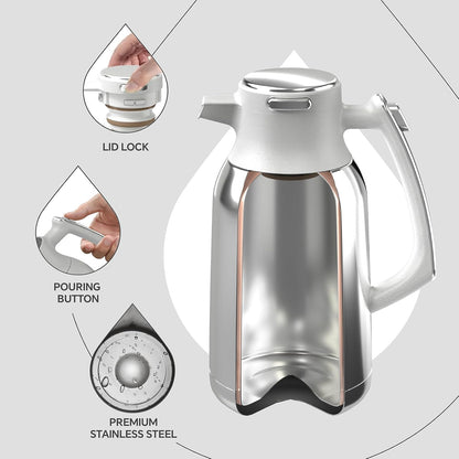 IDEUS Thermal Coffee Carafe 68oz (2,000ml), Stainless Steel Double Wall Insulated Vacuum Flask, Water Jug Coffee Server and Beverage Dispenser, Heat and Cold Retention (White-Silver, 68oz (2,000ml))