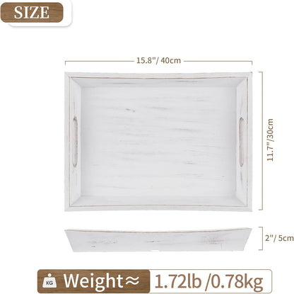 Hanobe Decorative Wooden Serving Tray: Rustic Wood Ottoman Trays for Coffee Table Rectangular Tray with Handles for Living Room Kitchen Home Decor, White