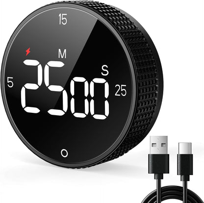 Rechargeable Magnetic Kitchen Timer for Cooking, Building 800mAh Battery Large Display Digital Countdown Countup Timer, 3 Preset 5/15/25 Mins Loud Alarm for Baking Grilling Studying