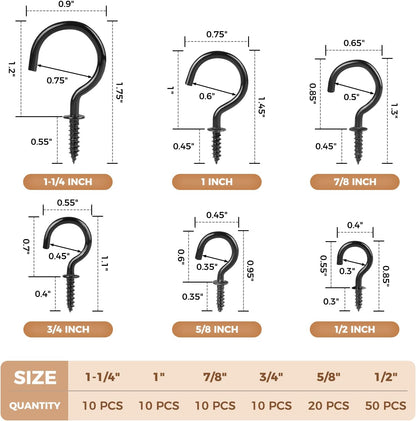 RELBRO Screw Hooks, 6 Sizes Metal Screw in Cup Hooks, 1/2 Inch, 5/8 Inch, 3/4 Inch, 7/8 Inch, 1 Inch, 1-1/4 Inch, Black, 110 Pcs