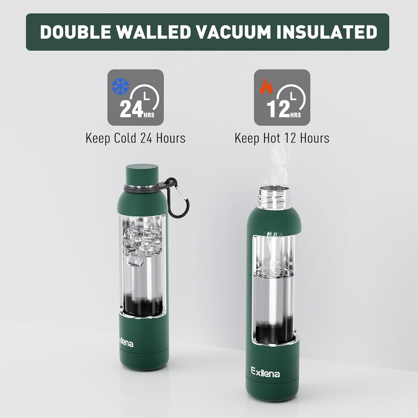 Slim Insulated Water Bottles for Travel 25oz with Clip, Double Wall Vacuum Stainless Steel Water Bottle Keeps Drinks Cold 24 Hrs/Hot 12 Hrs, 100% Leakproof, BPA Free(Emerald Green)