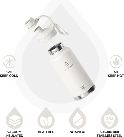 IDEUS Insulated Stainless Steel Water Bottle with 2 Leak-Proof Lids, Thermal Water Flask for Hiking Biking, 32oz, White