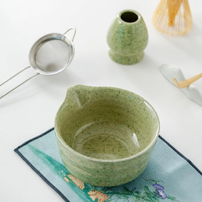 matcha whisk set,matcha set, including matcha bowl, matcha whisk and stand, sieve, spoon, cloth mat, gift for matcha lovers (Green)